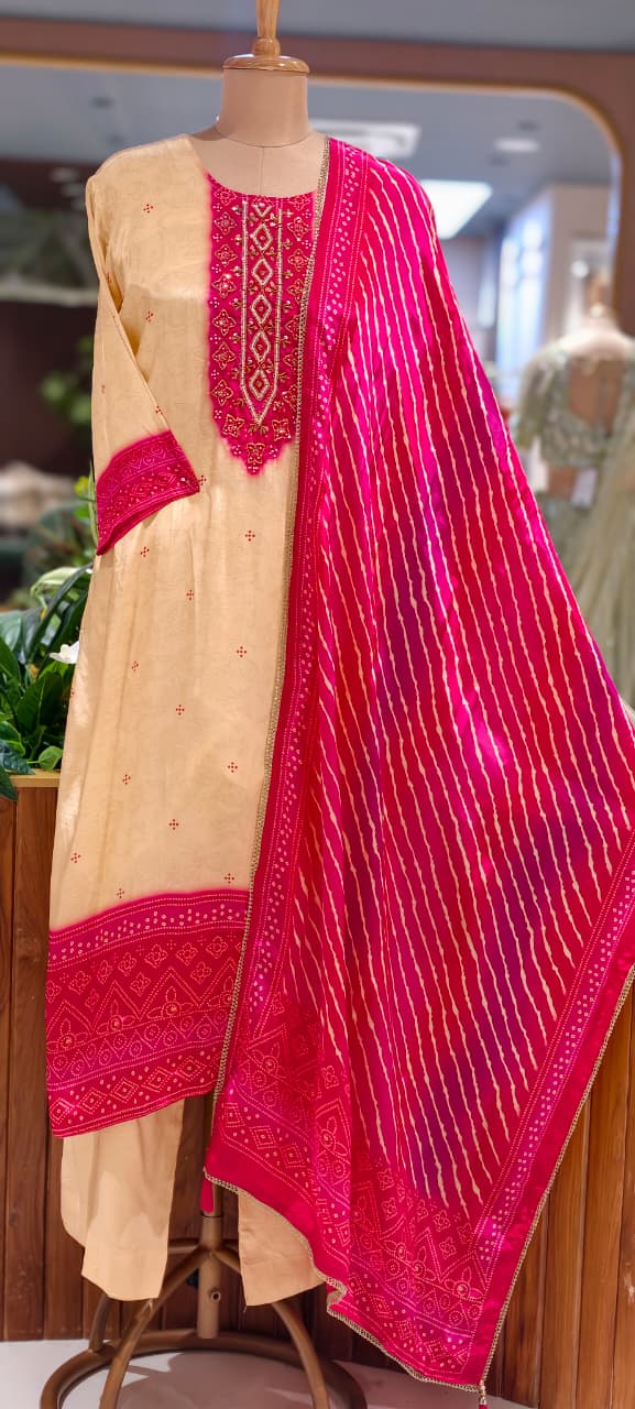 Vibrant Dual Tone Leheriya Bandhej Pure Crepe Full Suit Set With Dupatta- 15743