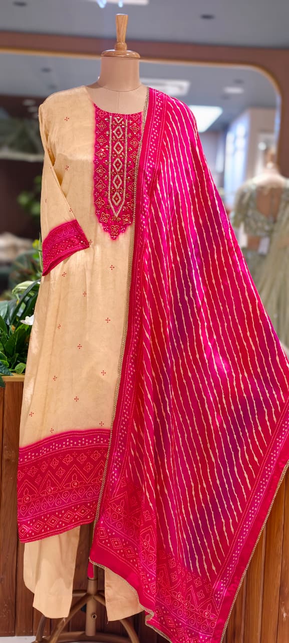 Vibrant Dual Tone Leheriya Bandhej Pure Crepe Full Suit Set With Dupatta- 15743