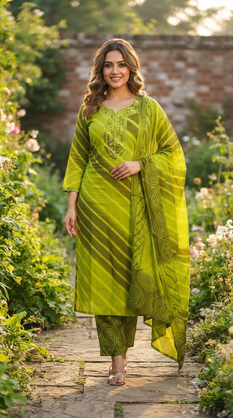 Lehriya Inspired Comfort Fit Floral Embroidery Yoke Cotton Full Suit Set With Dupatta- 10056
