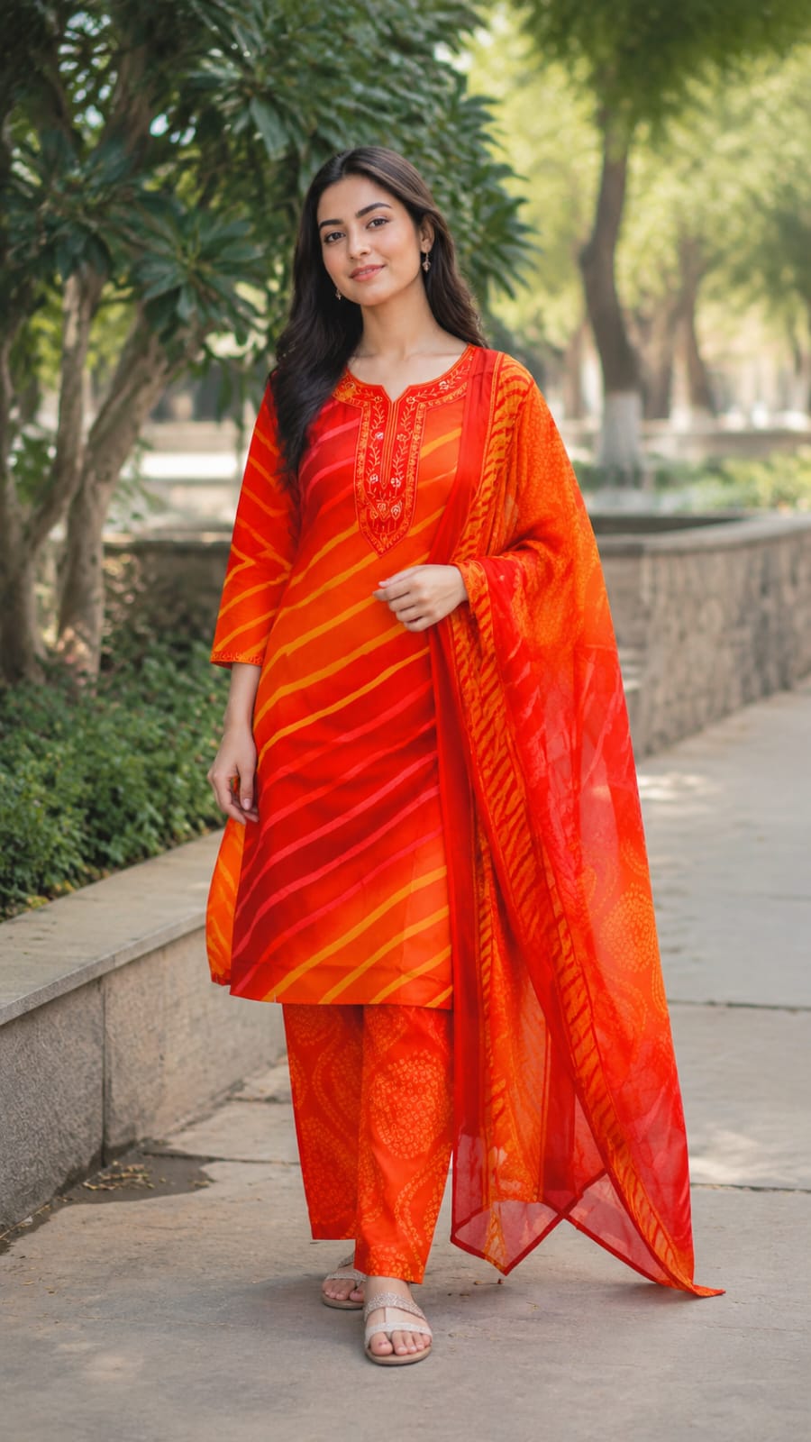 Lehriya Inspired Comfort Fit Floral Embroidery Yoke Cotton Full Suit Set With Dupatta- 10056