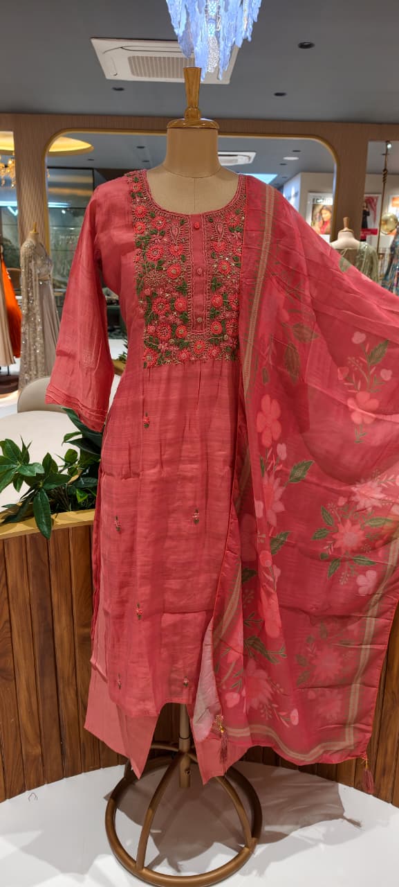 Crochet Floral Katha Embroidered Yoke Surat Mul-Chanderi Straight Full Suit Set With Dupatta- 15746