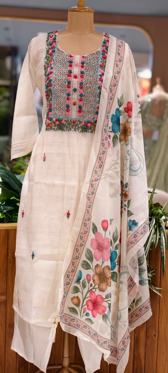 Surat Mul Chanderi Floral Thread Embroidered Ethnic Full Suit Set With Printed Dupatta- 15747