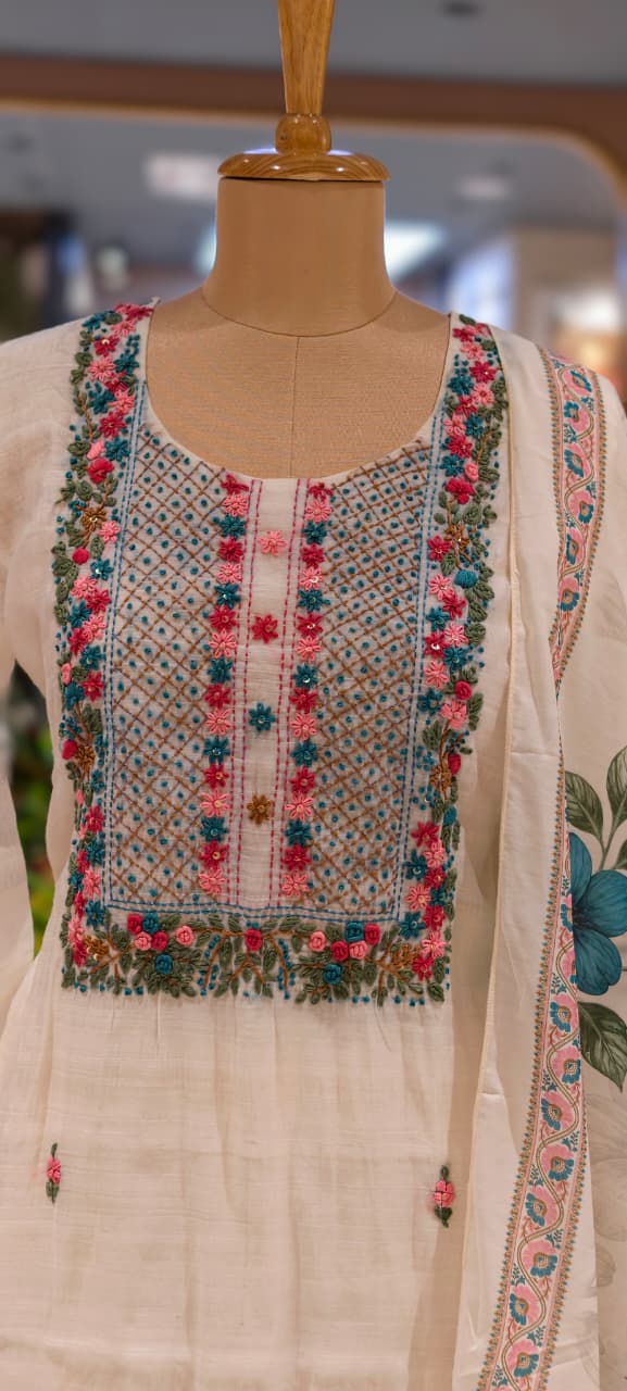 Surat Mul Chanderi Floral Thread Embroidered Ethnic Full Suit Set With Printed Dupatta- 15747