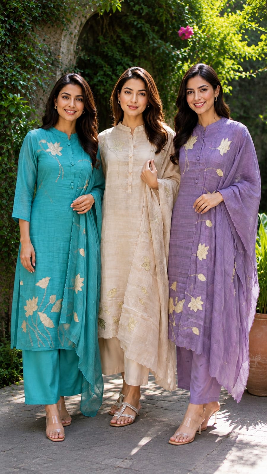 Elegant Floral Applique Smart Solid Surat Mul-Chanderi  Full Suit Set With Dupatta- 15737