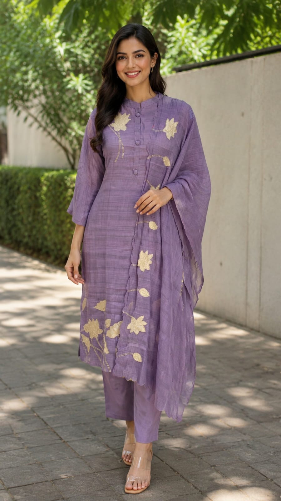 Elegant Floral Applique Smart Solid Surat Mul-Chanderi  Full Suit Set With Dupatta- 15737