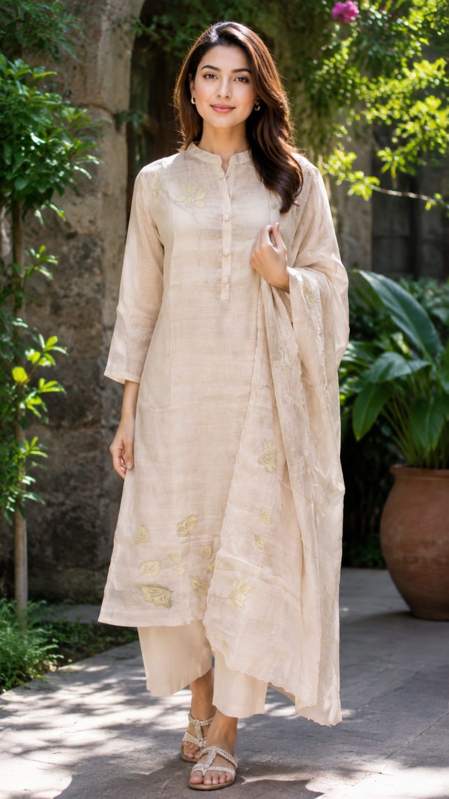 Elegant Floral Applique Smart Solid Surat Mul-Chanderi  Full Suit Set With Dupatta- 15737
