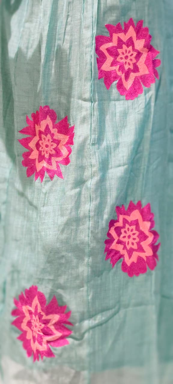 Floral Embroidered Pastel A-Line Mul Chanderi Frock with Pleat Details- 15128