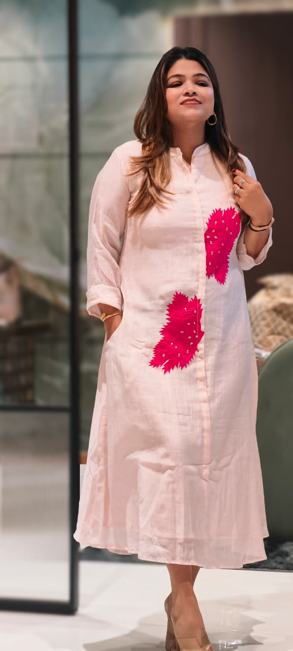 Bushy Leaf Petals Embroidered Mul-Chanderi Ankle Length Frock- 15466