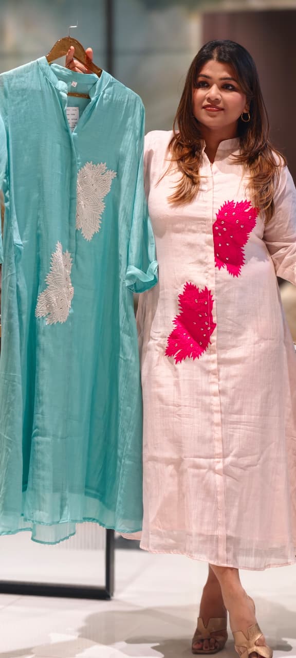 Bushy Leaf Petals Embroidered Mul-Chanderi Ankle Length Frock- 15466