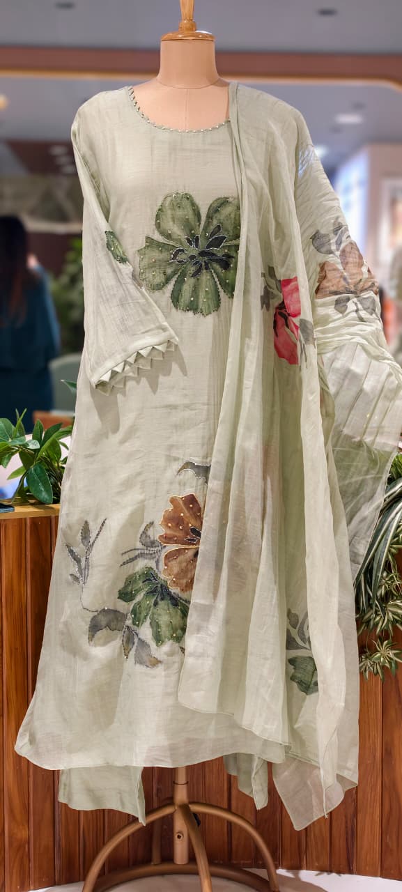 Huge Floral Petal Digital Print Mul Chanderi A-Line Full Suit Set With Dupatta