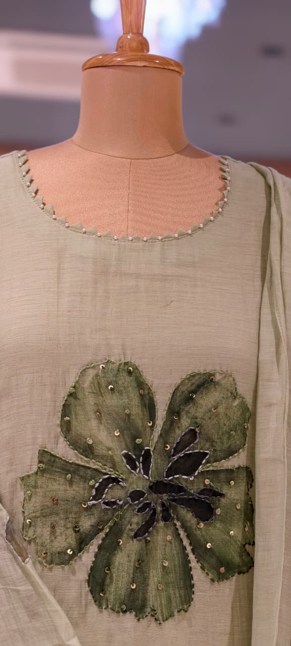 Huge Floral Petal Digital Print Mul Chanderi A-Line Full Suit Set With Dupatta