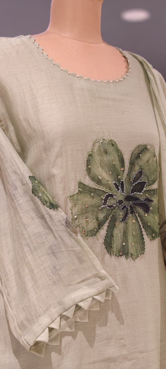Huge Floral Petal Digital Print Mul Chanderi A-Line Full Suit Set With Dupatta