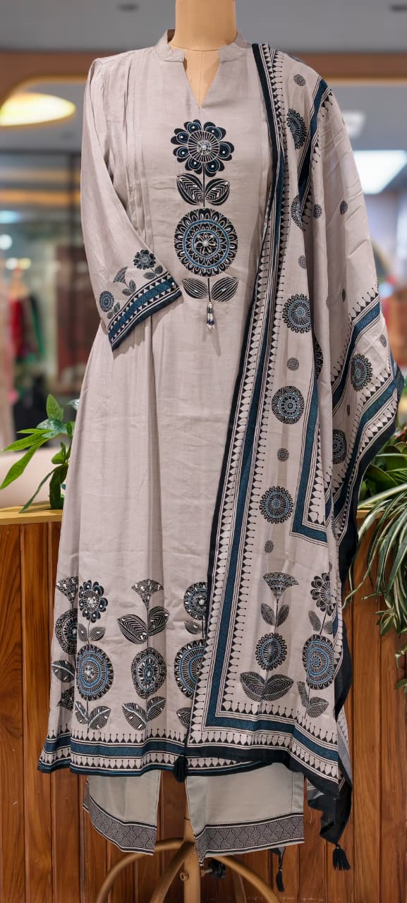 Earthy Bloom Floral Print A-Line Full Suit Set With Dupatta In Surat Mul-Chanderi Fabric- 15728