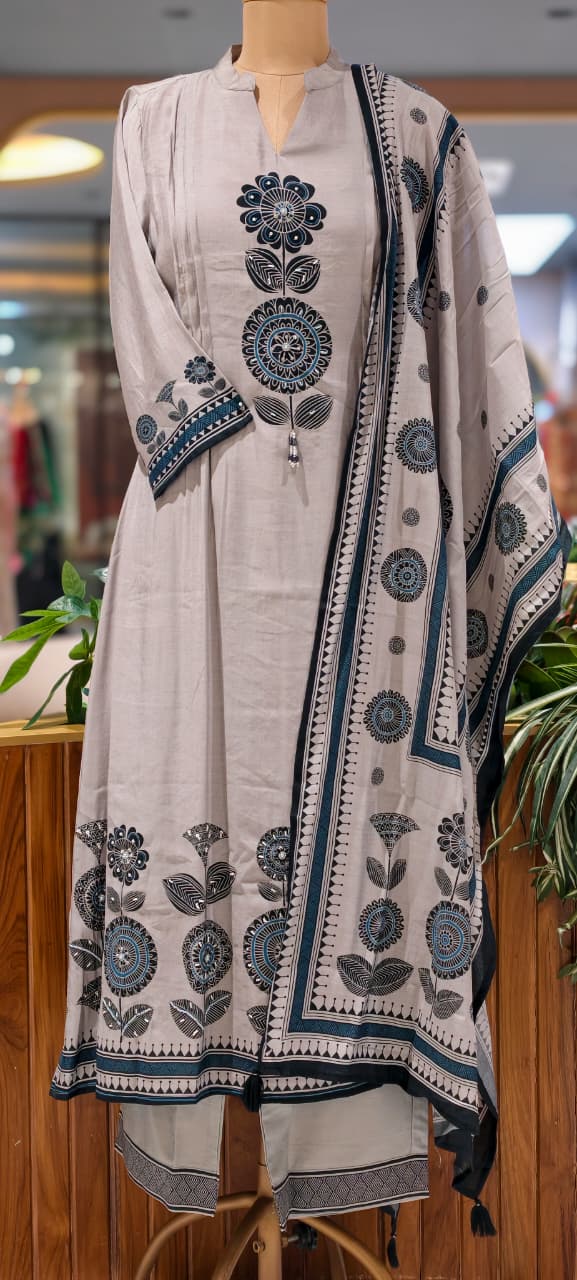 Earthy Bloom Floral Print A-Line Full Suit Set With Dupatta In Surat Mul-Chanderi Fabric- 15728