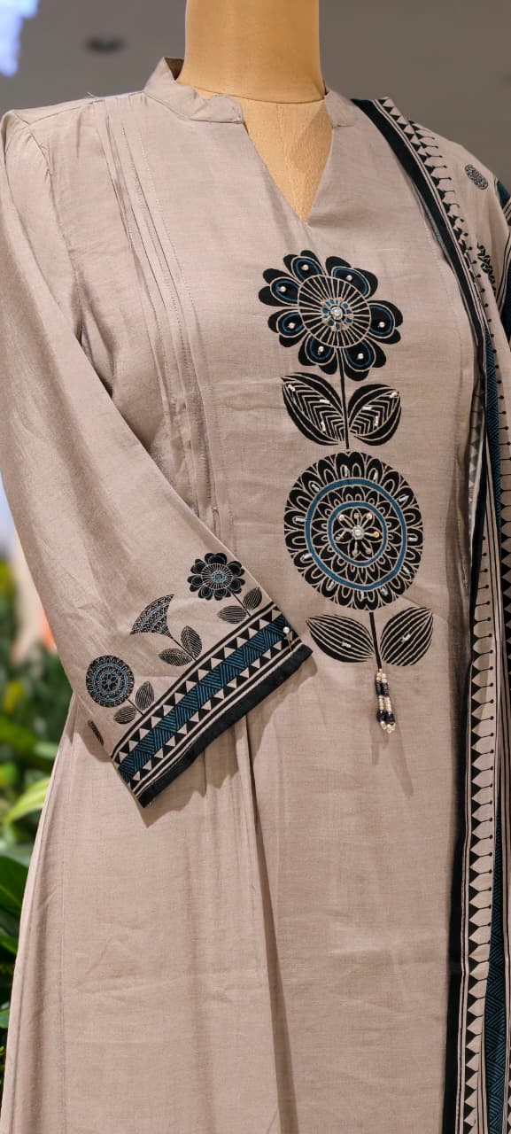 Earthy Bloom Floral Print A-Line Full Suit Set With Dupatta In Surat Mul-Chanderi Fabric- 15728