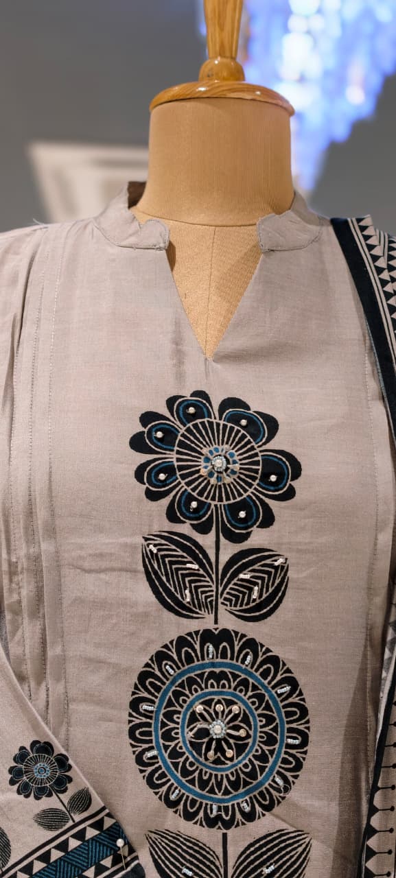 Earthy Bloom Floral Print A-Line Full Suit Set With Dupatta In Surat Mul-Chanderi Fabric- 15728
