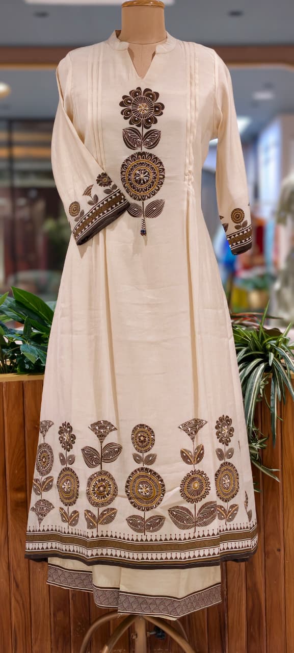 Earthy Bloom Floral Print A-Line Full Suit Set With Dupatta In Surat Mul-Chanderi Fabric- 15728