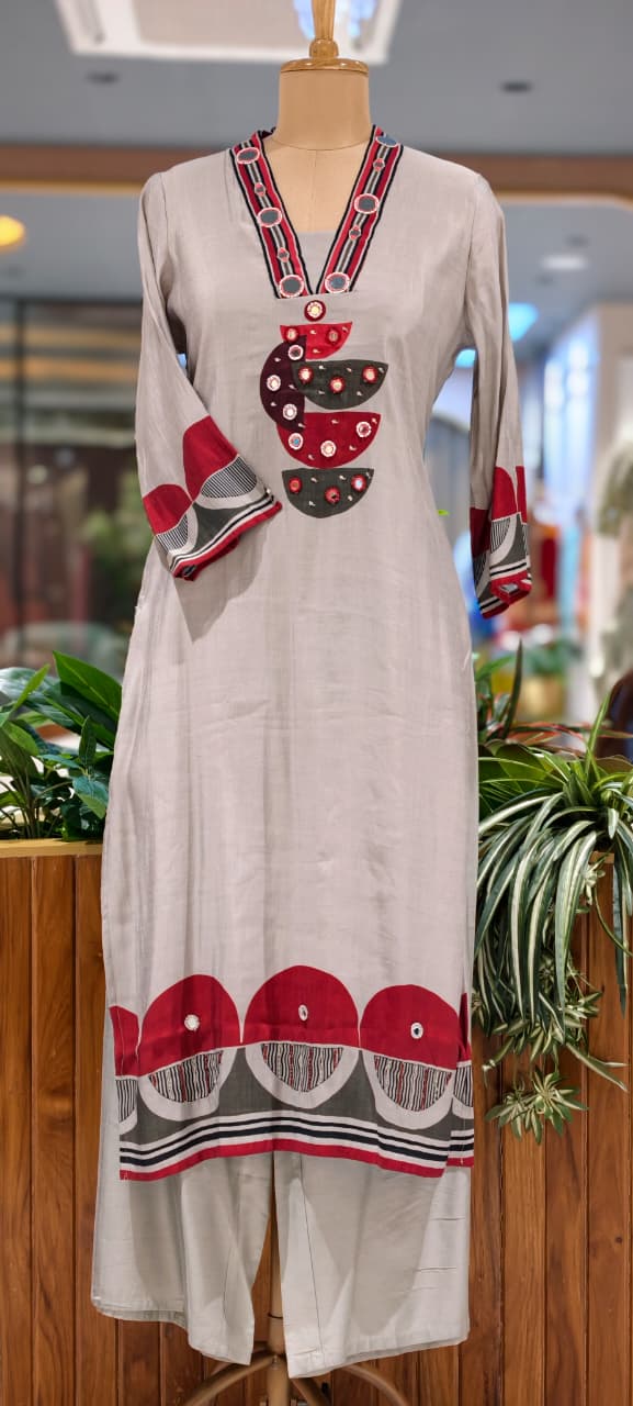 Beige & Grey Accent Geometric Print with Mirror Work Full Suit Set With Dupatta- 15730