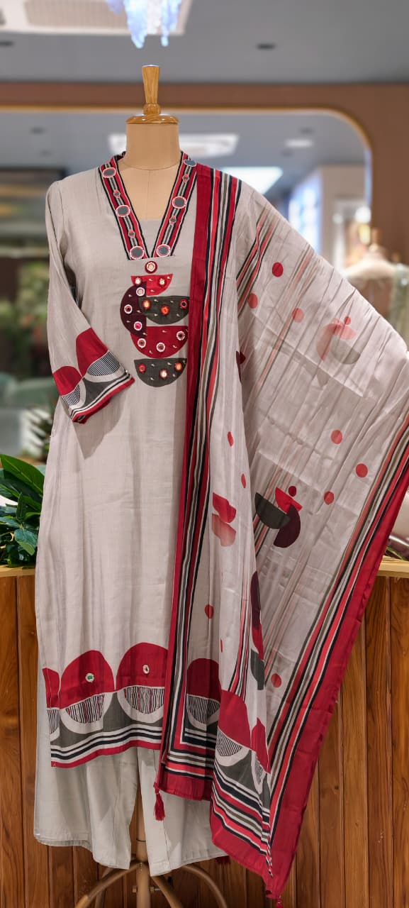 Beige & Grey Accent Geometric Print with Mirror Work Full Suit Set With Dupatta- 15730