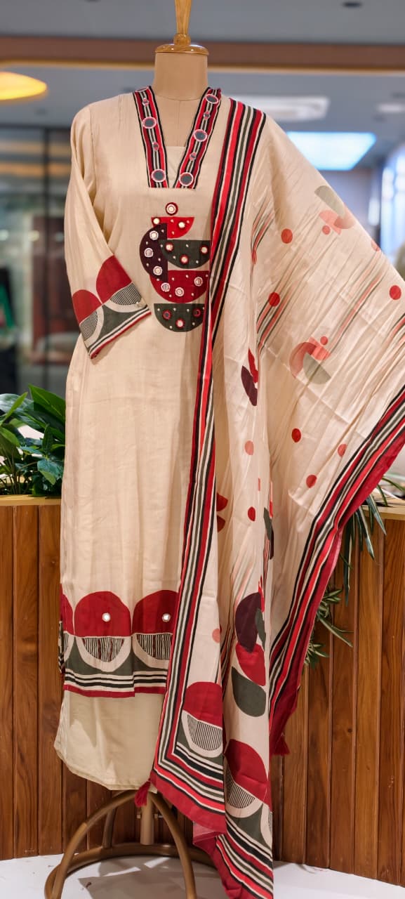 Beige & Grey Accent Geometric Print with Mirror Work Full Suit Set With Dupatta- 15730