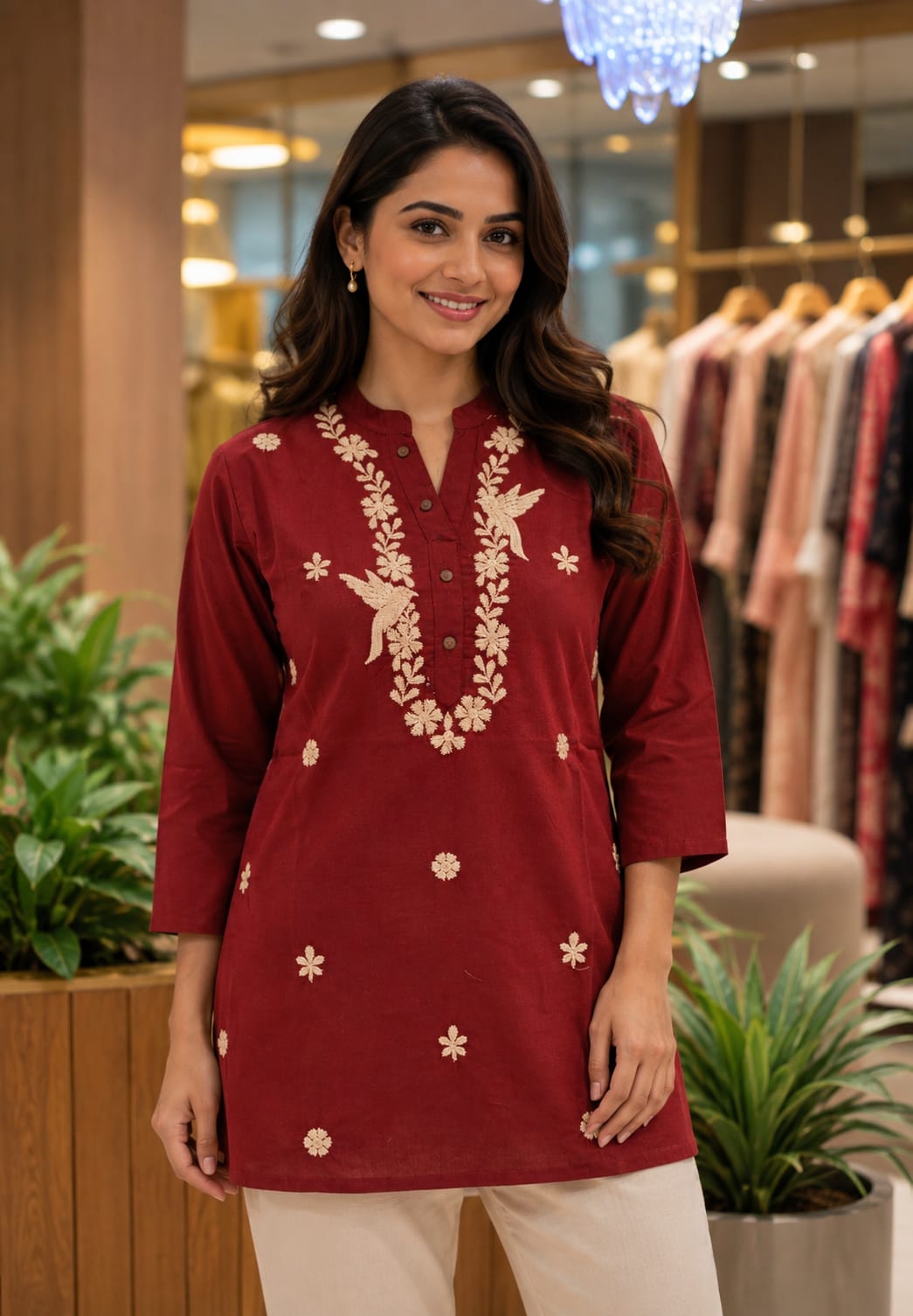 Threadscape Bird & Floral Embroidered Cotton Short Kurti Only- 15718