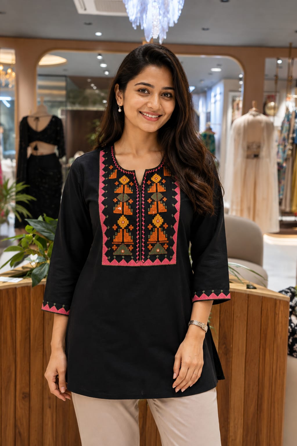 Abstract Nomad Thread Stitch Cotton Short Kurti Only- 15717