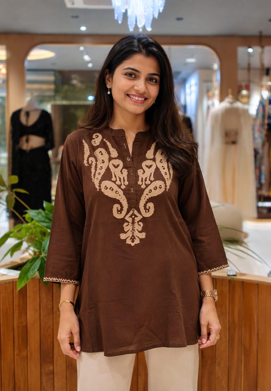 Banjara Bloom Mango Buti Thread Embroidered Cotton Kurti Only- 15721