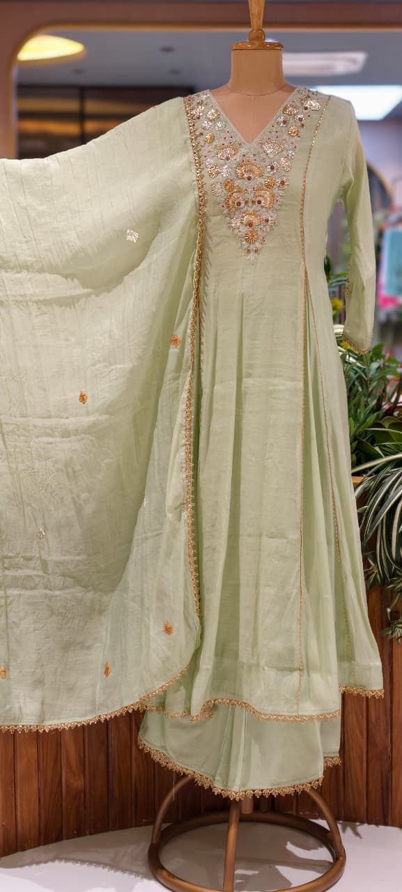 Elegant Intricate Embroidery Golden Lace Touch Mul-Chanderi A-Line Full Suit Set With Dupatta- 15791