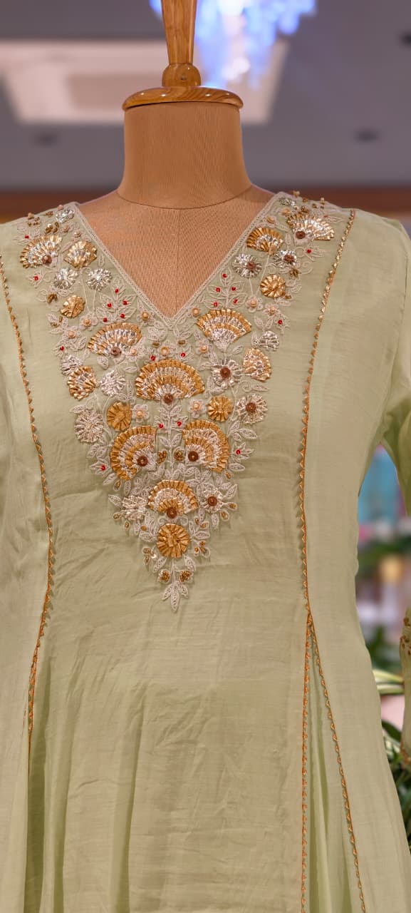 Elegant Intricate Embroidery Golden Lace Touch Mul-Chanderi A-Line Full Suit Set With Dupatta- 15791