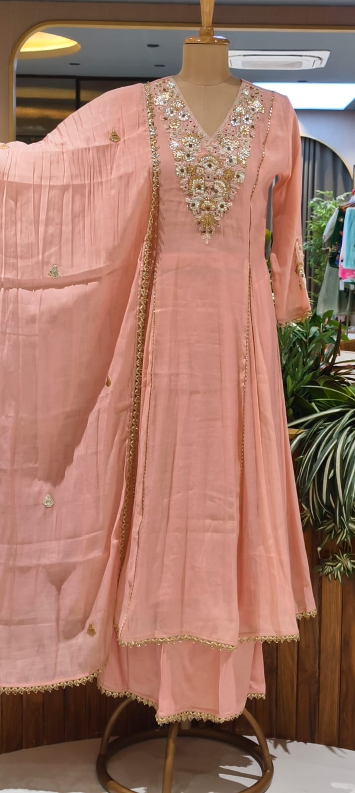 Elegant Intricate Embroidery Golden Lace Touch Mul-Chanderi A-Line Full Suit Set With Dupatta- 15791