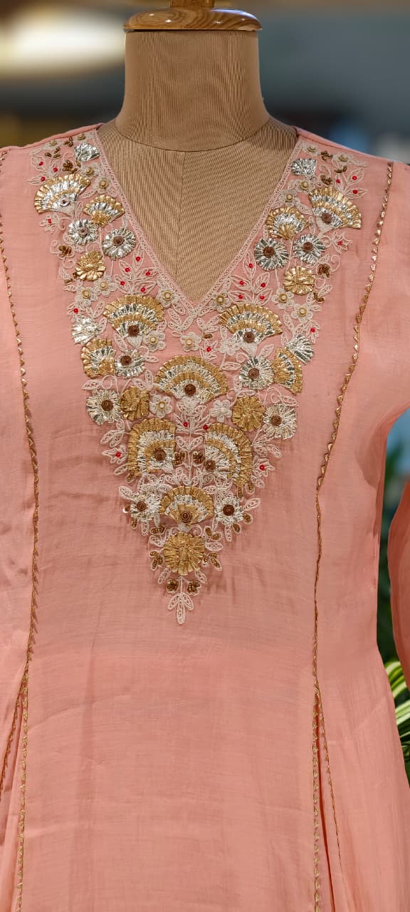 Elegant Intricate Embroidery Golden Lace Touch Mul-Chanderi A-Line Full Suit Set With Dupatta- 15791