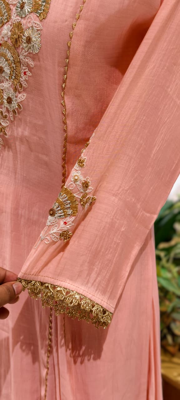 Elegant Intricate Embroidery Golden Lace Touch Mul-Chanderi A-Line Full Suit Set With Dupatta- 15791
