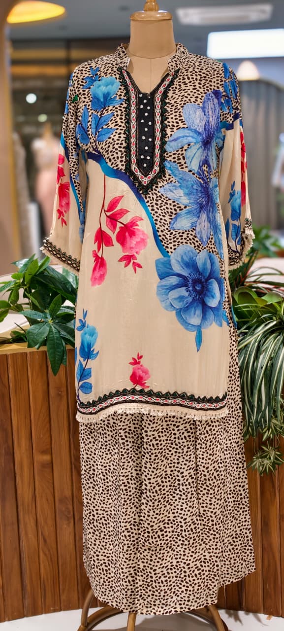 Leopard Inspired Print Digital Floral Print Pure Crepe Co-Ord Set- 15556