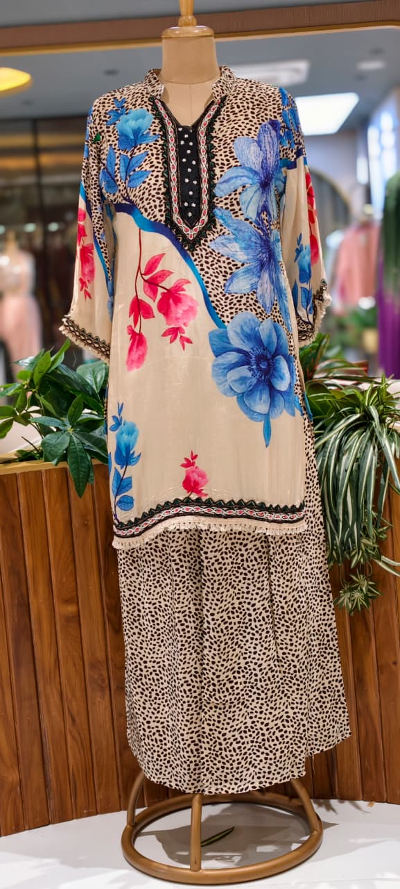 Leopard Inspired Print Digital Floral Print Pure Crepe Co-Ord Set- 15556