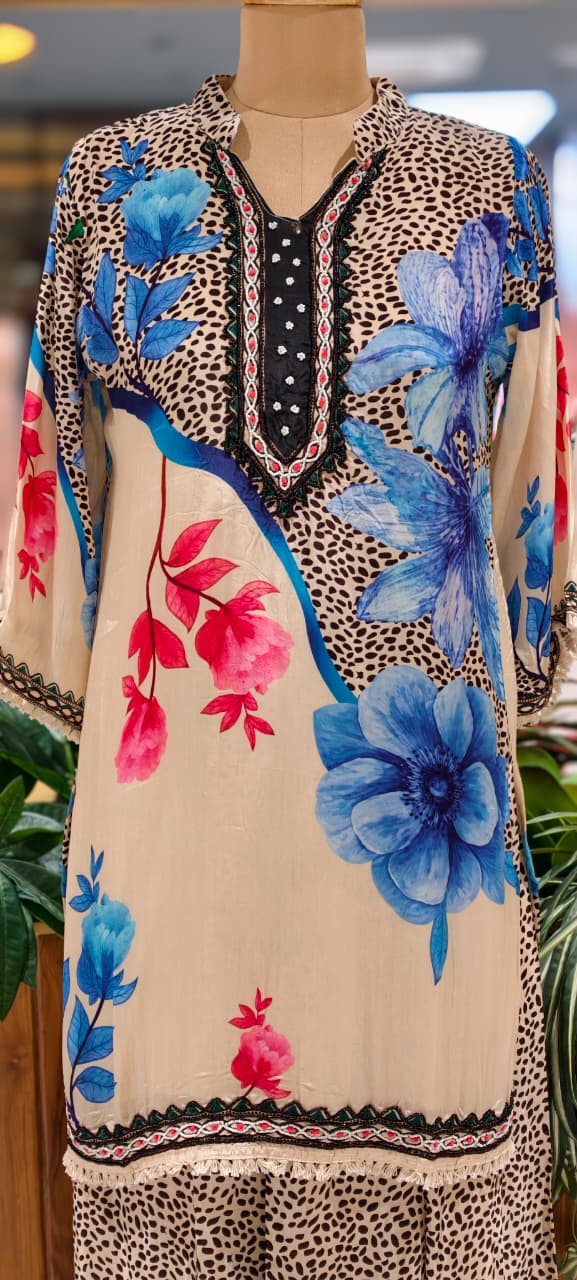 Leopard Inspired Print Digital Floral Print Pure Crepe Co-Ord Set- 15556