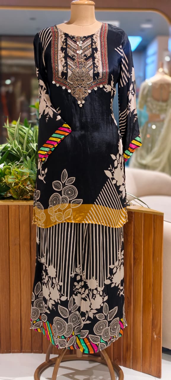 Attractive Digital Neon Highlighted Motifs Pure Crepe Co-Ord Set- 15763
