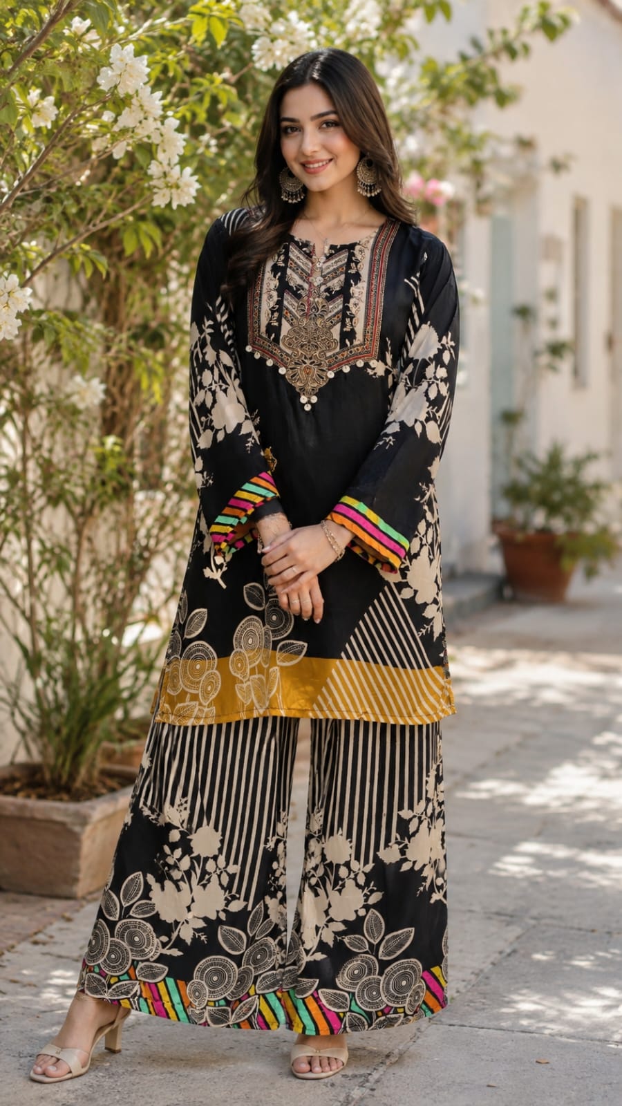 Attractive Digital Neon Highlighted Motifs Pure Crepe Co-Ord Set- 15763