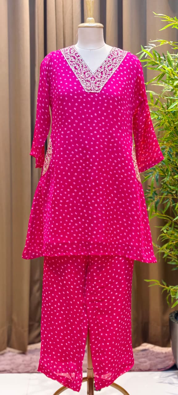 Bandhani Print Elegant Machine Embroidered Neckline Side Pockets Georgette Co-Ord Set- 15481
