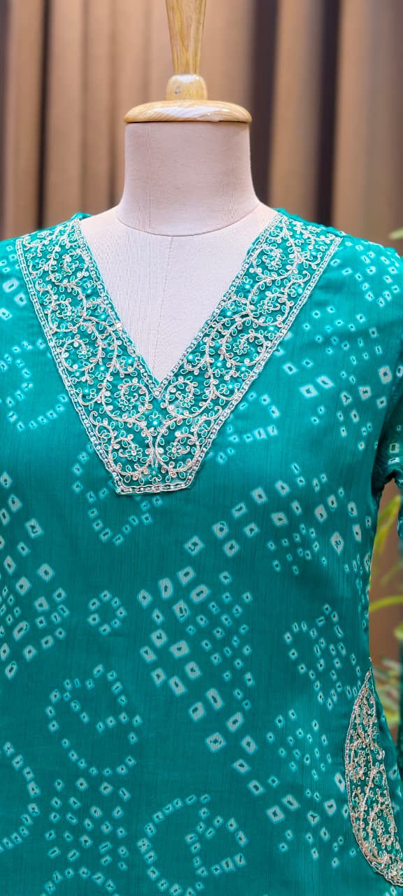 Beautiful Machine Zari Embroidered Bandhej Print Chinon Co-Ord Set- 15481