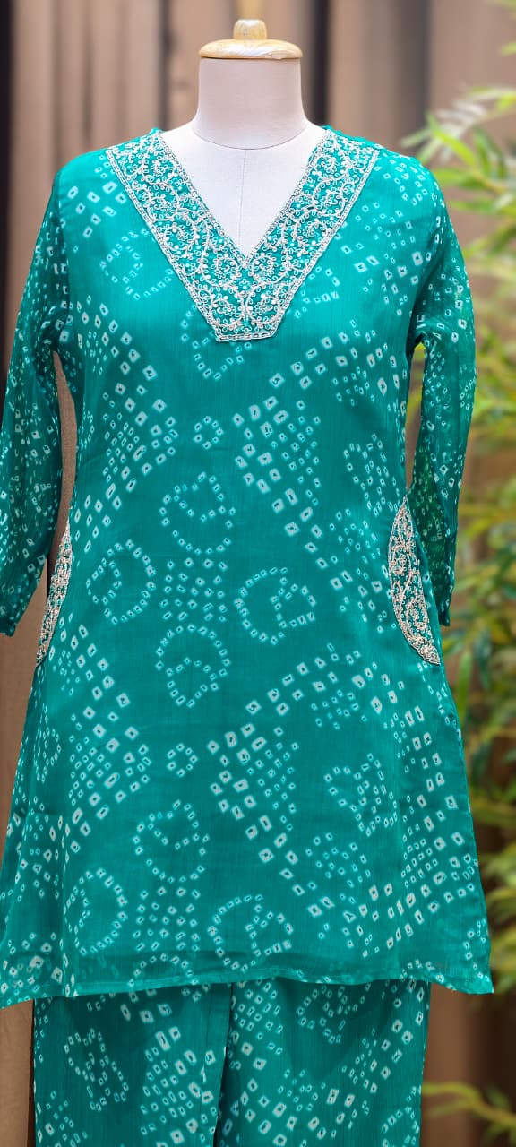 Beautiful Machine Zari Embroidered Bandhej Print Chinon Co-Ord Set- 15481