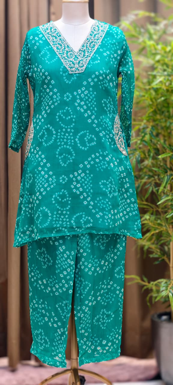 Beautiful Machine Zari Embroidered Bandhej Print Chinon Co-Ord Set- 15481
