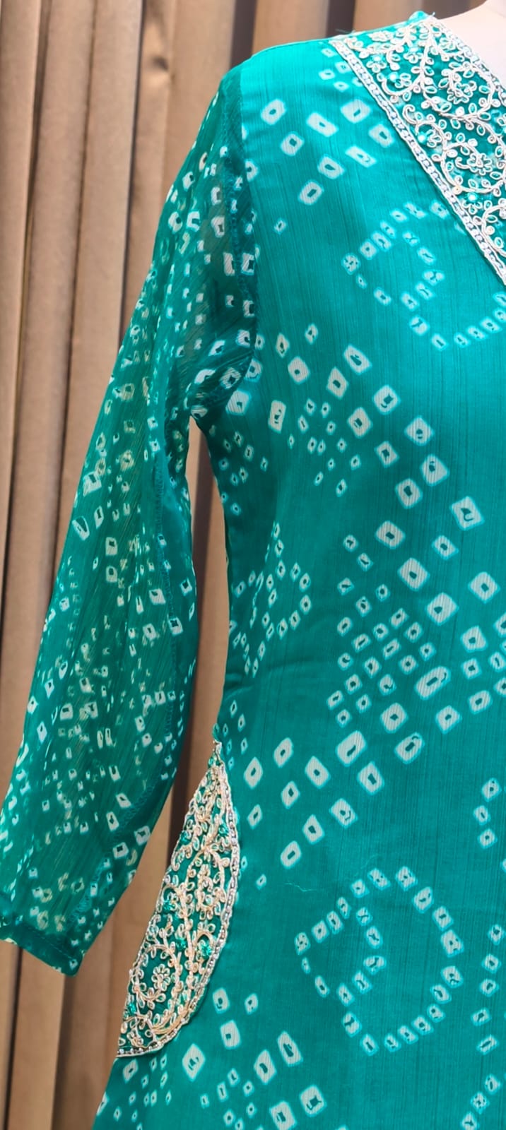 Beautiful Machine Zari Embroidered Bandhej Print Chinon Co-Ord Set- 15481