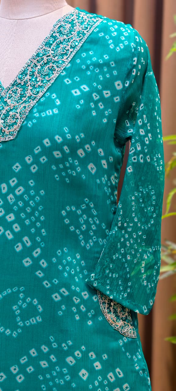 Beautiful Machine Zari Embroidered Bandhej Print Chinon Co-Ord Set- 15481