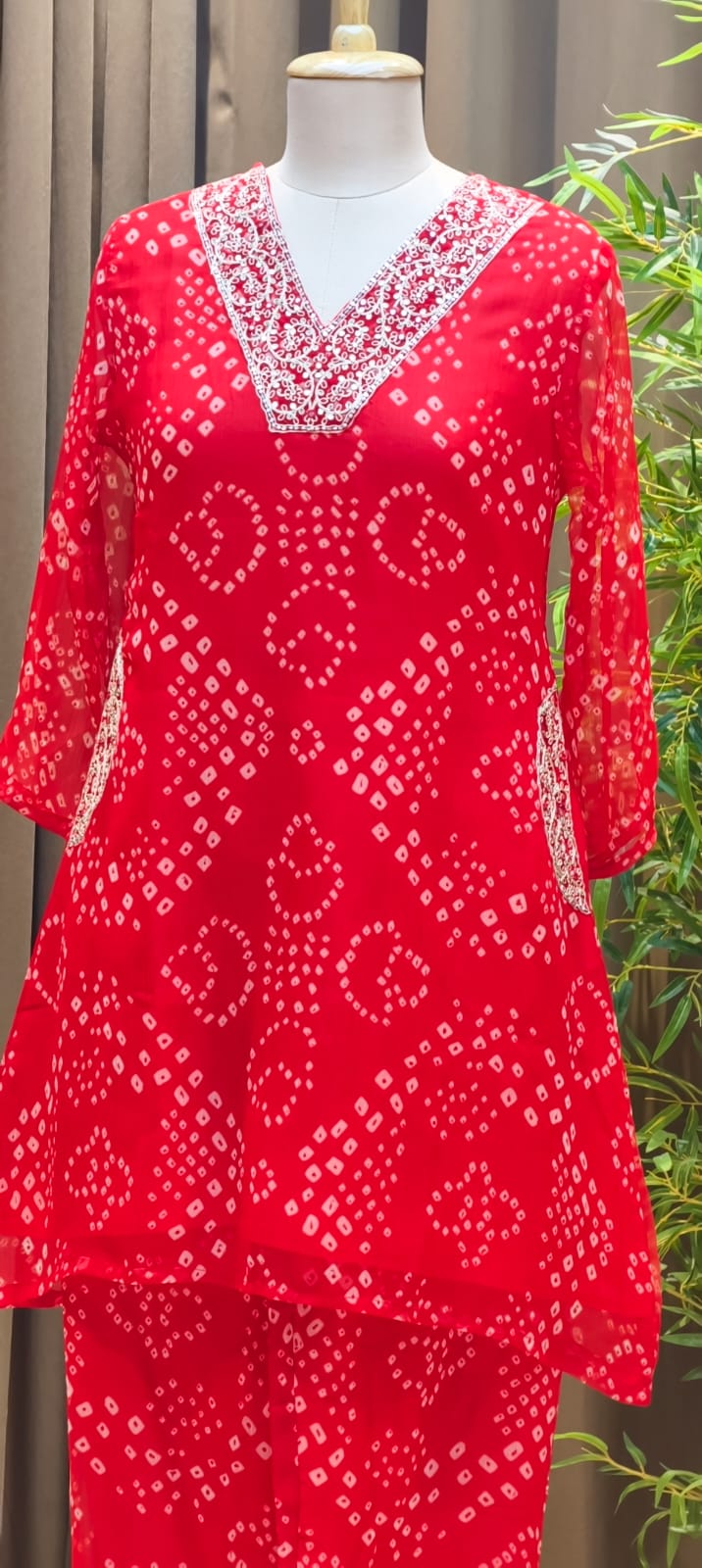 Beautiful Machine Zari Embroidered Bandhej Print Chinon Co-Ord Set- 15481