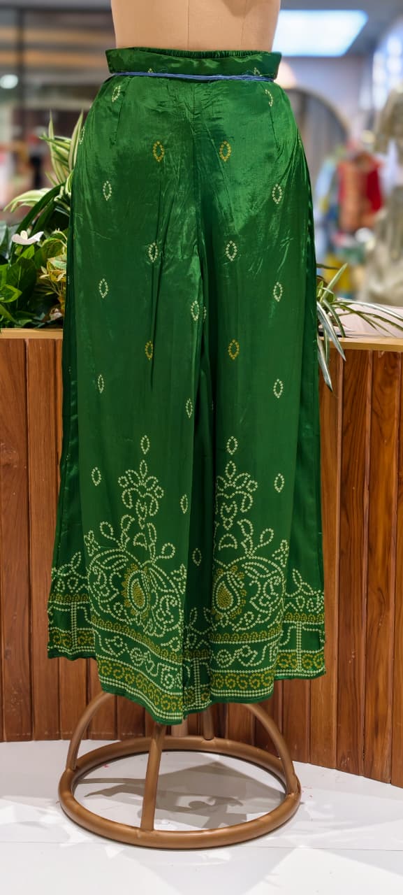 Classic Bottle Green All-Over Ethnic Bandhej Prints Full Suit Set With Dupatta & Loose Palazzo Bottom In Crepe Fabric- 15735