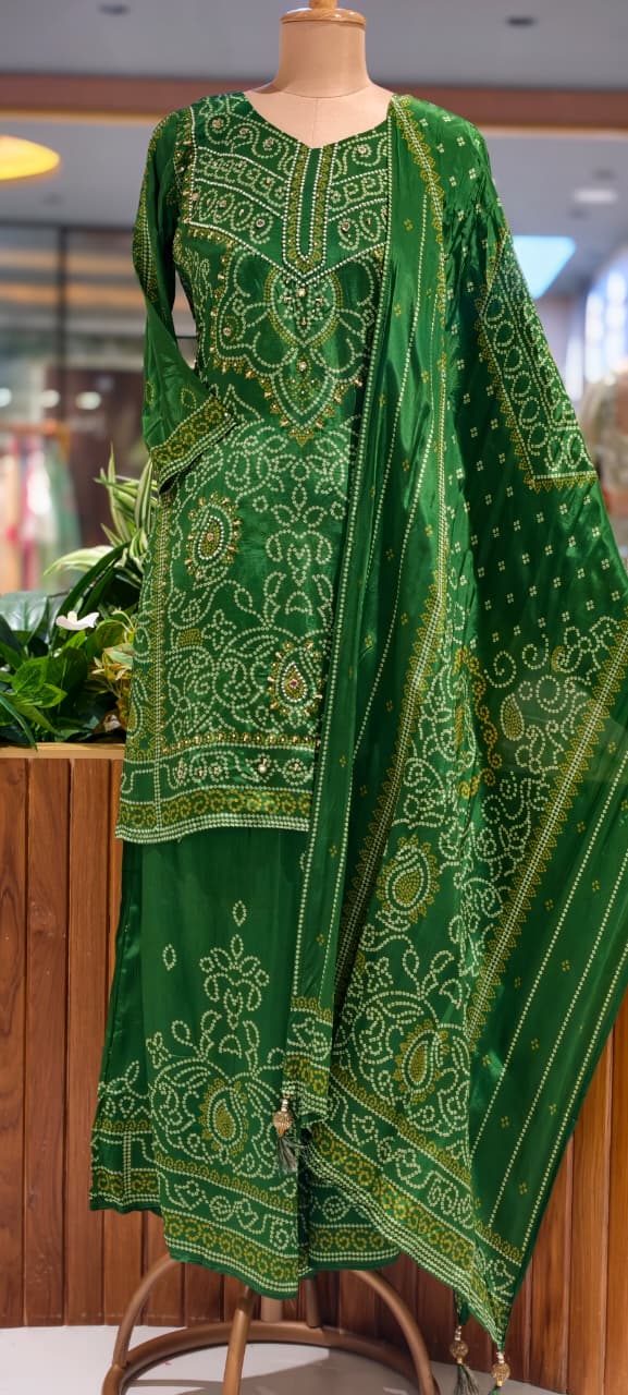 Classic Bottle Green All-Over Ethnic Bandhej Prints Full Suit Set With Dupatta & Loose Palazzo Bottom In Crepe Fabric- 15735