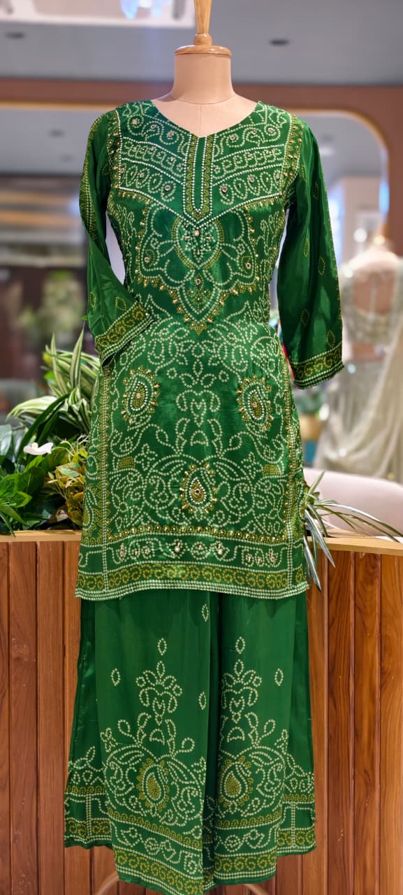Classic Bottle Green All-Over Ethnic Bandhej Prints Full Suit Set With Dupatta & Loose Palazzo Bottom In Crepe Fabric- 15735