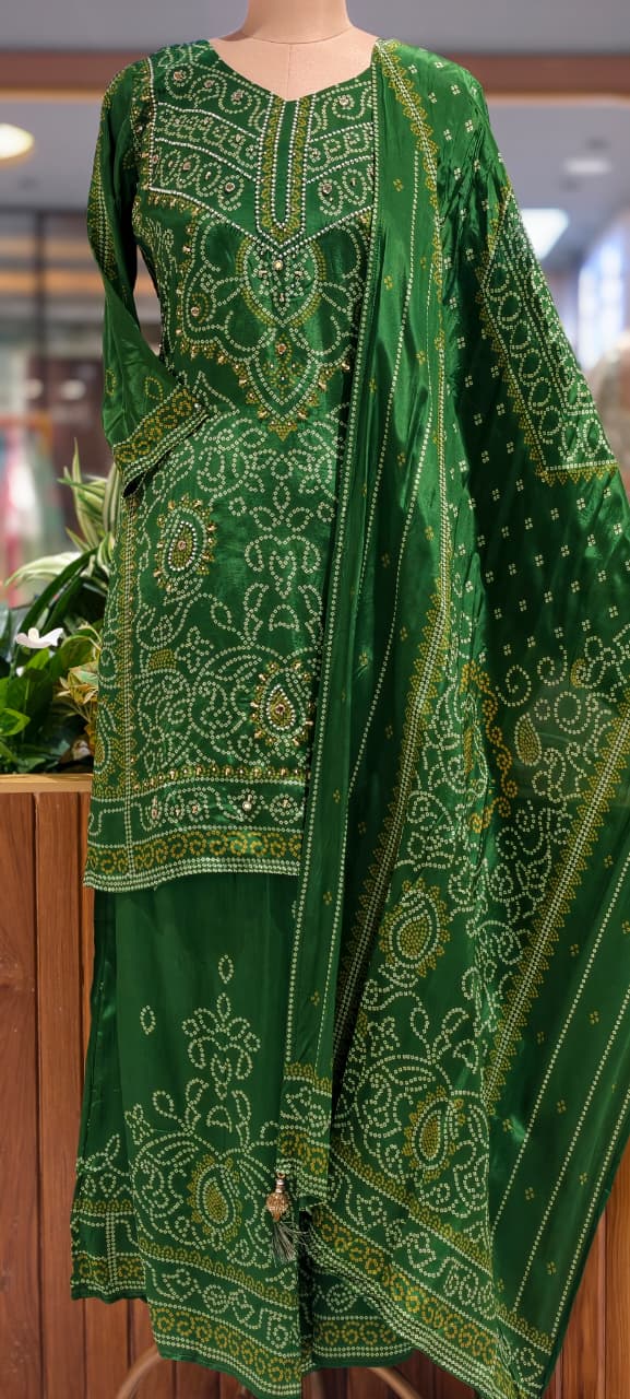 Classic Bottle Green All-Over Ethnic Bandhej Prints Full Suit Set With Dupatta & Loose Palazzo Bottom In Crepe Fabric- 15735
