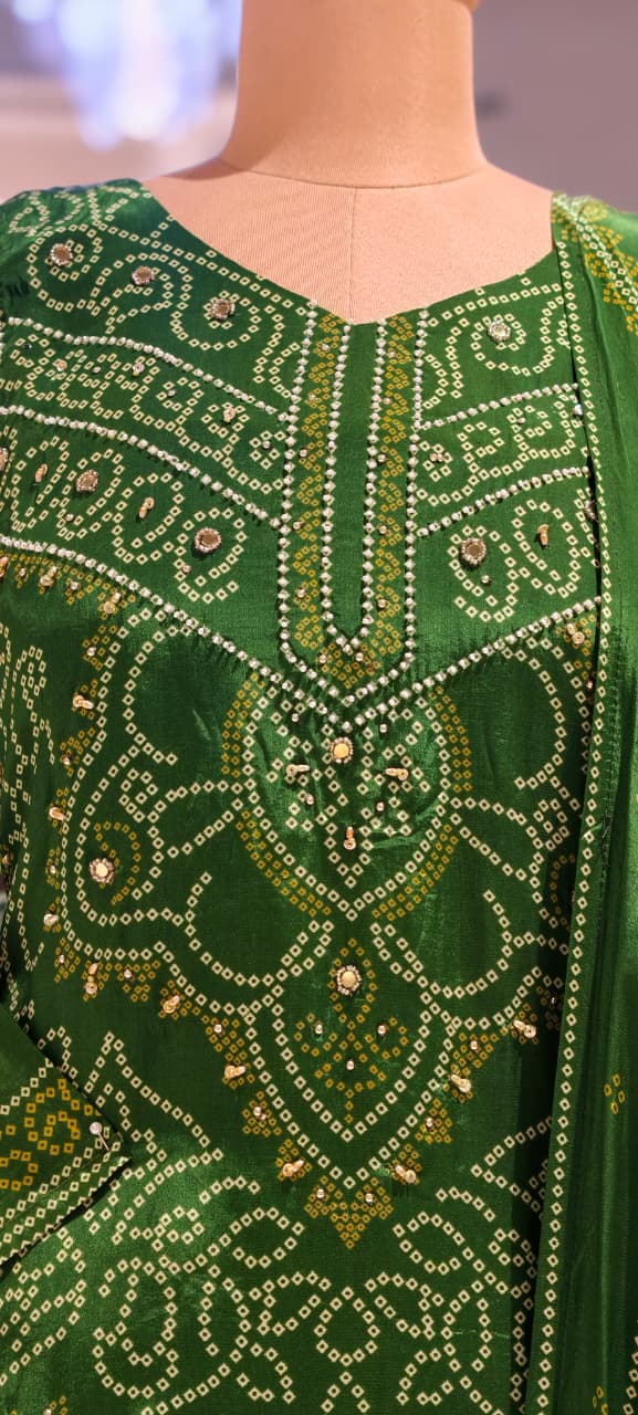 Classic Bottle Green All-Over Ethnic Bandhej Prints Full Suit Set With Dupatta & Loose Palazzo Bottom In Crepe Fabric- 15735