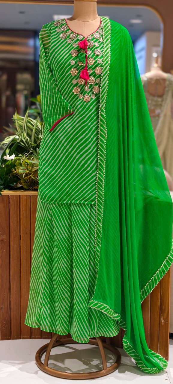 Bright Leheriya Printed Elegant Zari Foil Mirror Embroidery Tassel Detailing Palazzo Full Suit Set With Dupatta In Georgette Fabric- 15711